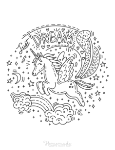 Just Dream Winged Unicorn Flying Over Rainbow Unicorn Coloring Pages Pdf, Free Vectors File